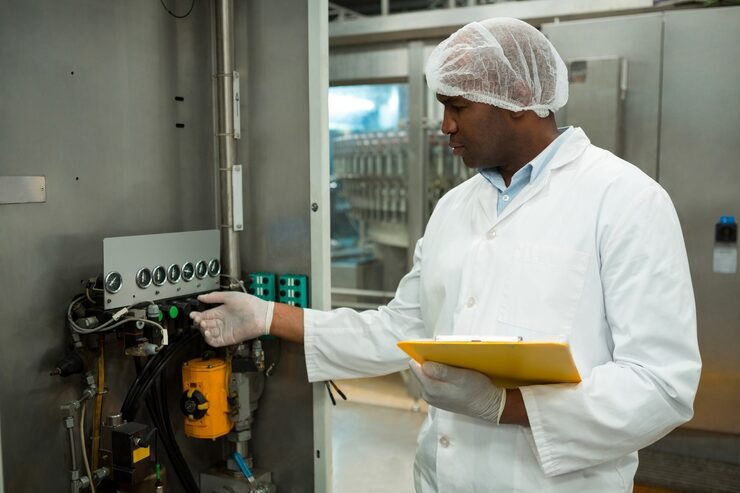 Technician in a lab coat checking the gauges on a production line control panel with a clipboard
