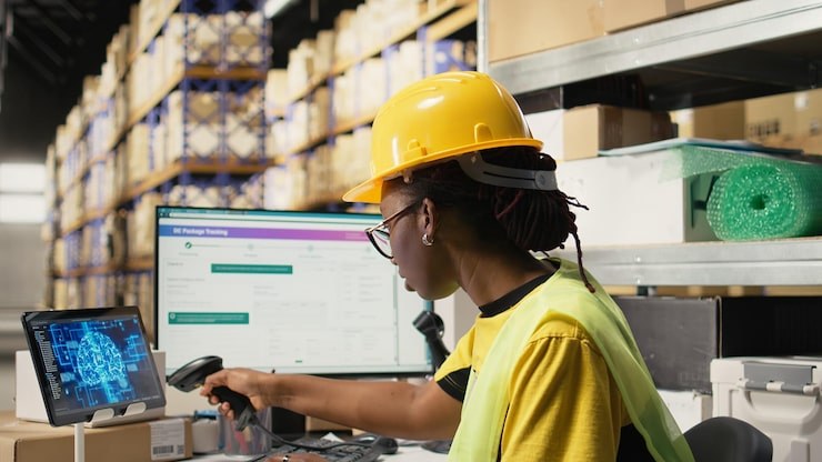 A warehouse operator scanning items into the asset register at a workstation
