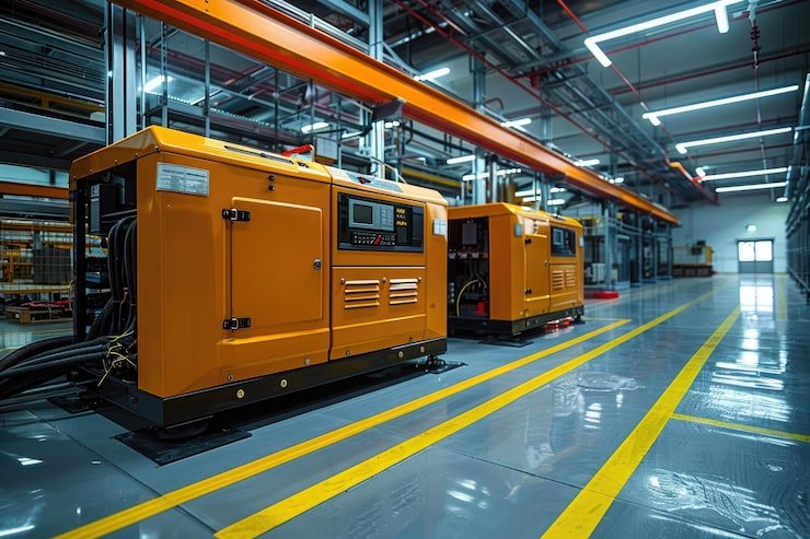 Industrial generators in a plant room, the first tagged with an Asetavo QR asset label